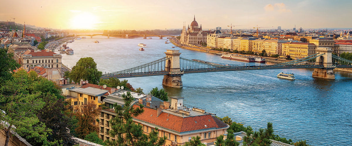 A view over Budapest on the Danube river at sunset, Hungary
